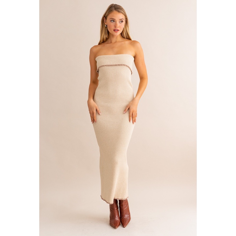 Beige Strapless Fold Over Lettuce Trim Maxi Dress