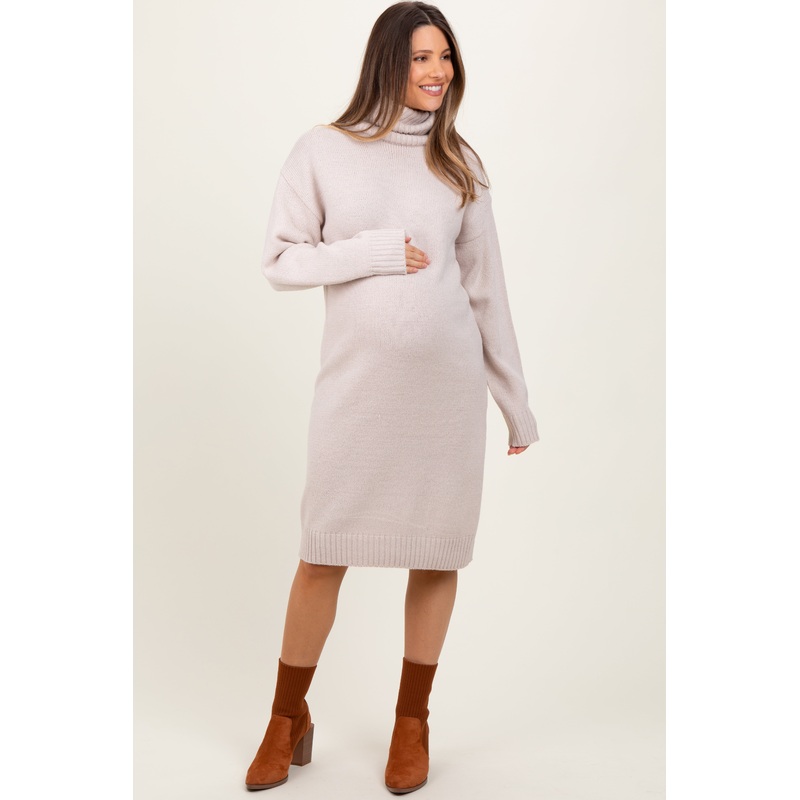 Beige Turtleneck Side Slit Maternity Midi Sweater Dress