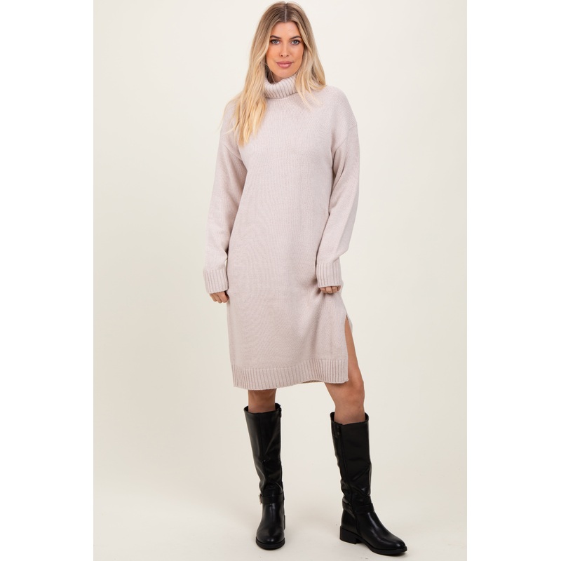Beige Turtleneck Side Slit Midi Sweater Dress