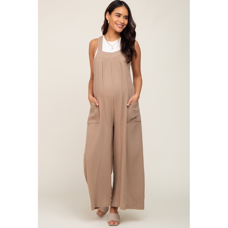 Beige Wide Leg Tie Back Maternity Overalls