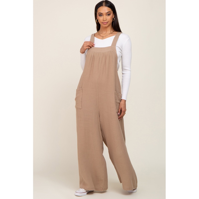 Beige Wide Leg Tie Back Overalls
