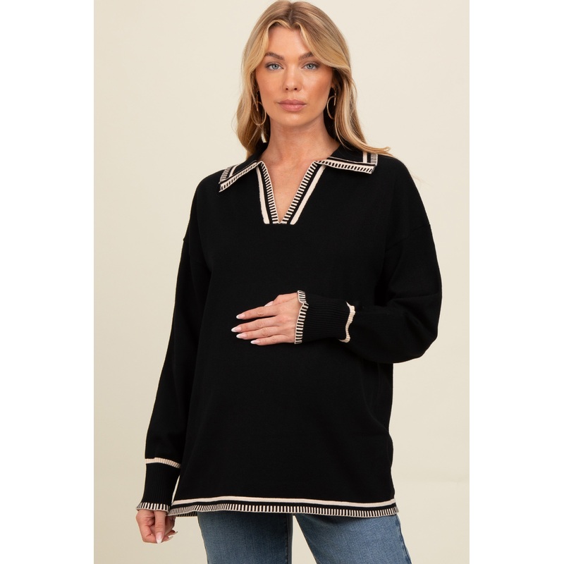 Black Contrast Trim Collared Maternity Sweater