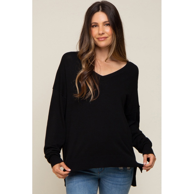 Black Knit V-Neck Long Sleeve Maternity Top