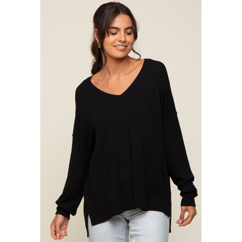 Black Knit V-Neck Long Sleeve Top