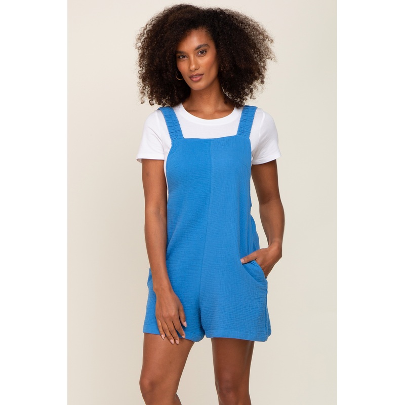 Blue Square Neck Elastic Strap Romper