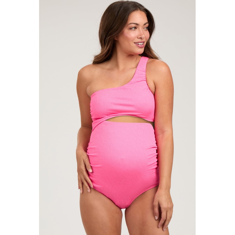 Fuchsia Asymmetrical One Shoulder Side Cutout One-Piece Maternity Swimsuit