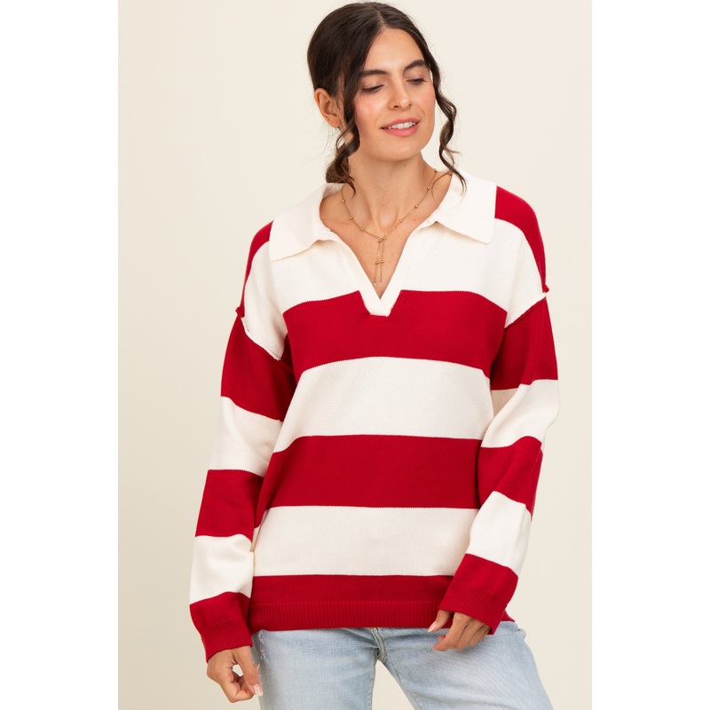 Red Wide Stripe Polo Sweater