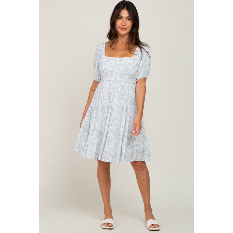 White Floral Square Neck Tiered Dress