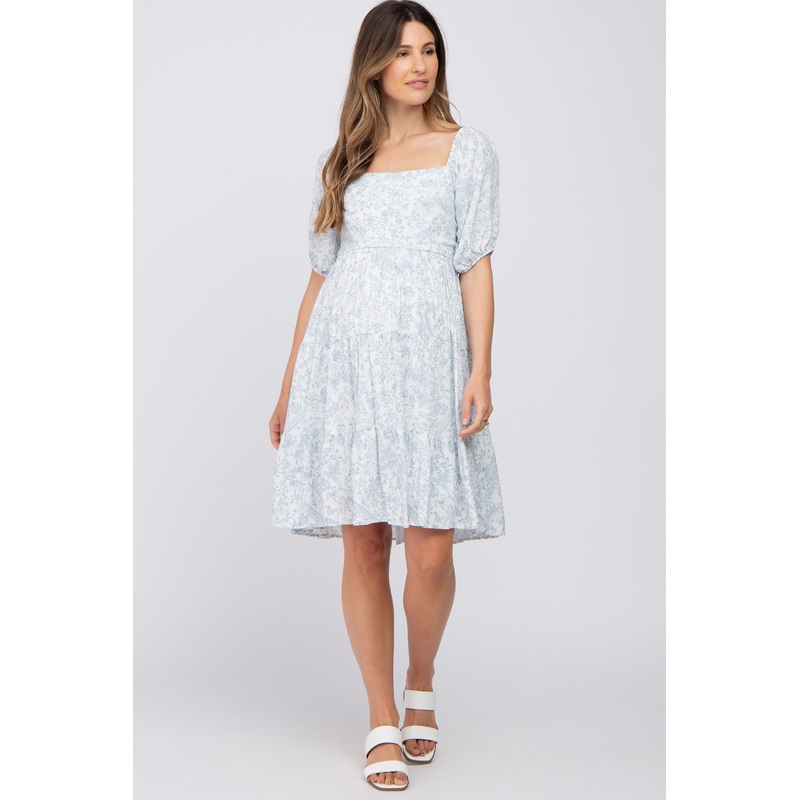 White Floral Square Neck Tiered Maternity Dress