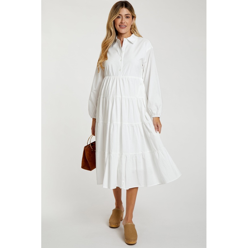 White Tiered Collared Maternity Midi Dress