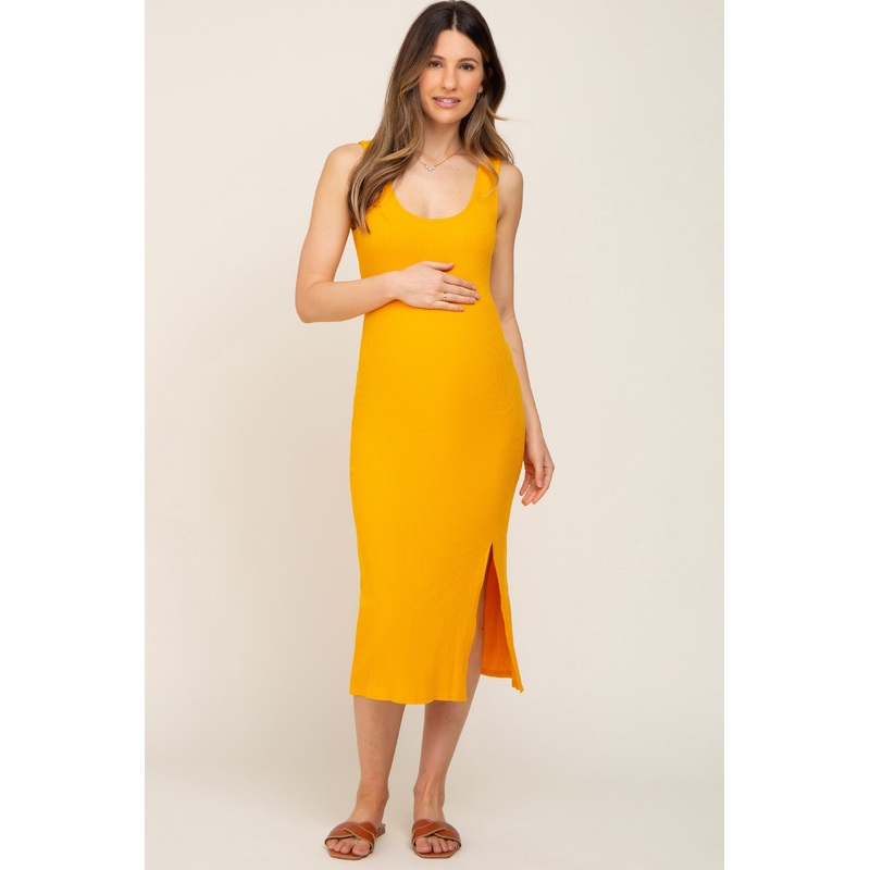Yellow Ribbed Back Cutout Maternity Midi Dress
