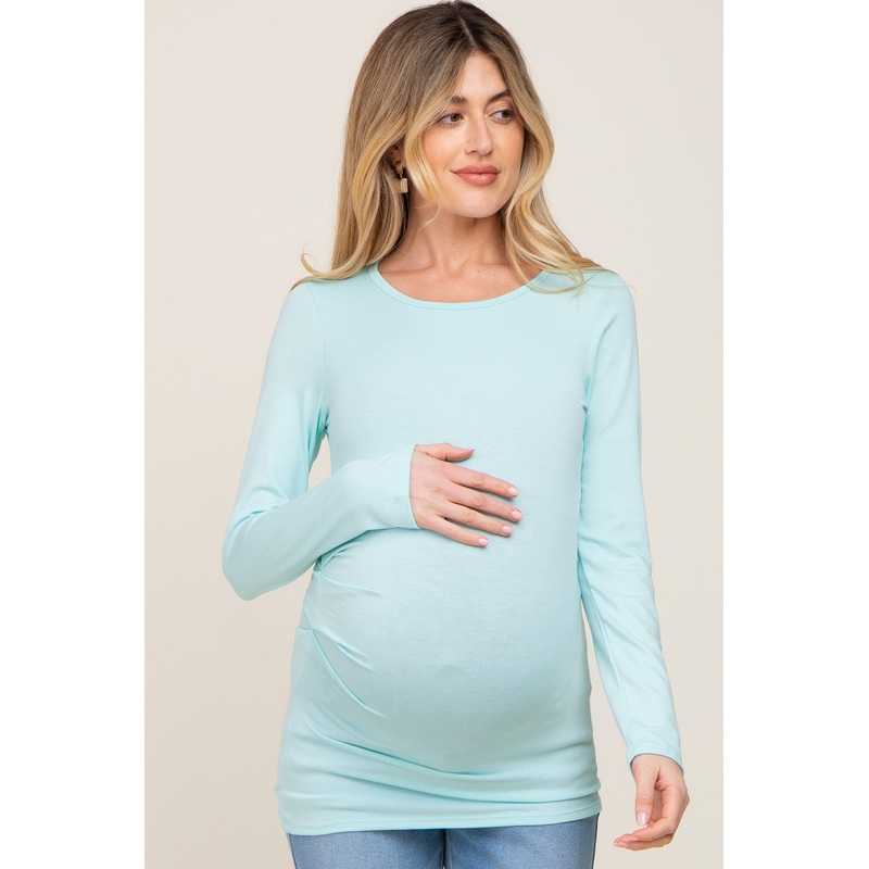 Aqua Blue Ruched Side Long Sleeve Maternity Top