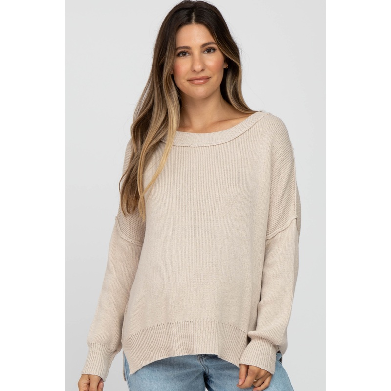 Beige Exposed Seam Side Slit Maternity Sweater