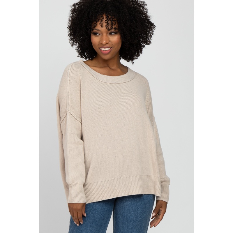Beige Exposed Seam Side Slit Sweater