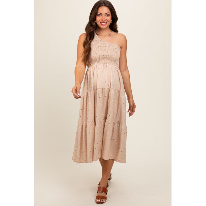 Beige Floral Linen Smocked One Shoulder Tiered Maternity Midi Dress