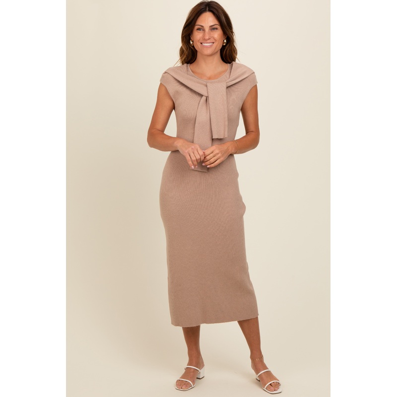 Beige Knit Sleeve Tie Detail Midi Dress