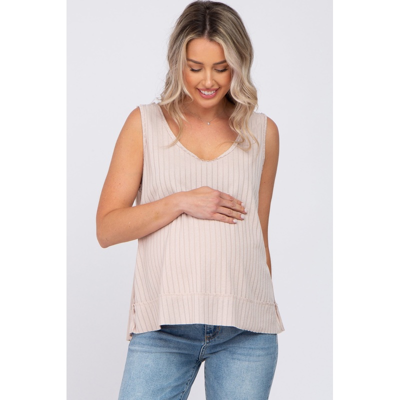 Beige Ribbed Raw Hem Maternity Tank Top