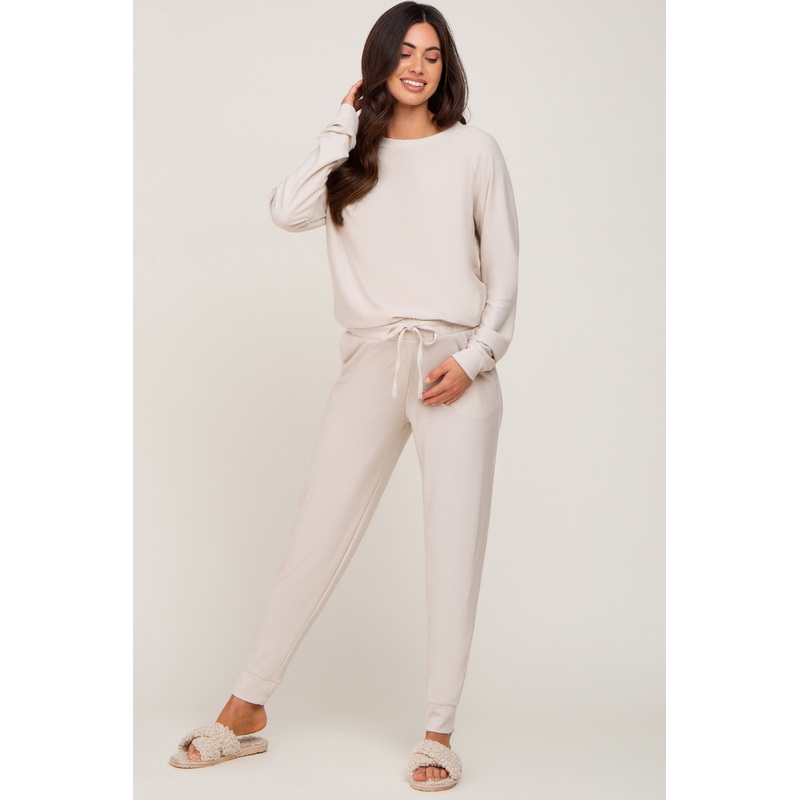 Beige Soft Knit Long Sleeve Maternity Set