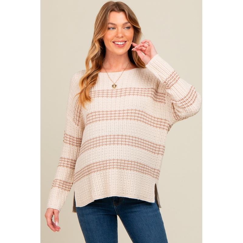 Beige Striped Waffle Knit Maternity Sweater