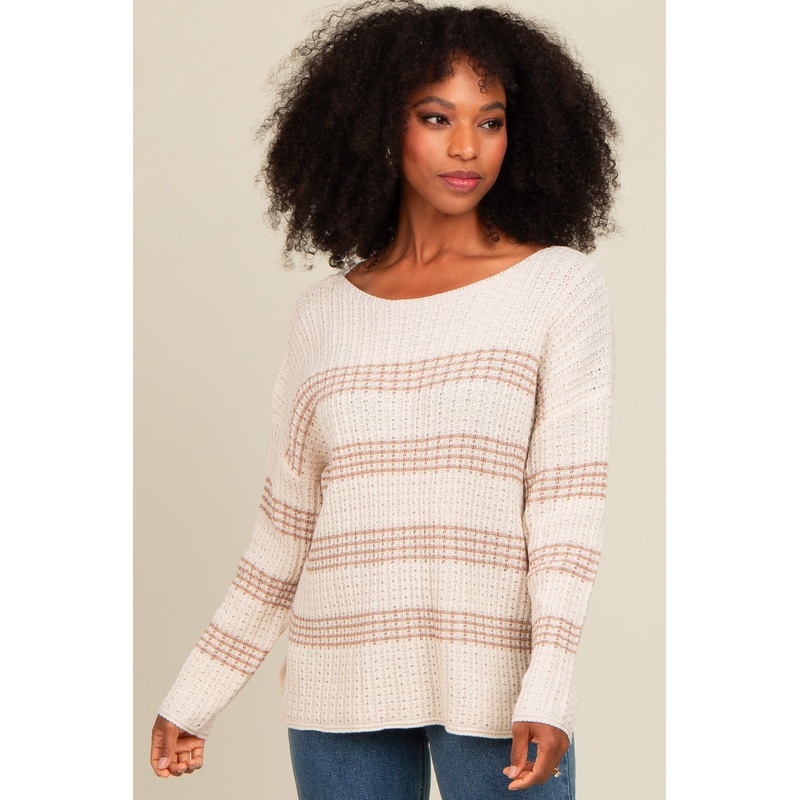 Beige Striped Waffle Knit Sweater