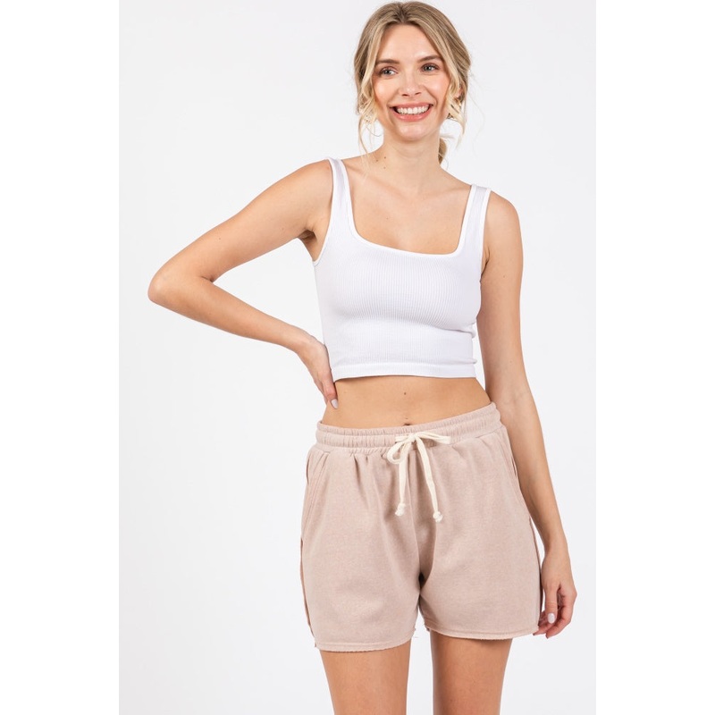 Beige Vintage Wash Drawstring Shorts