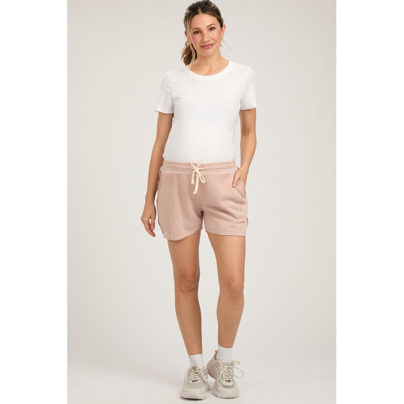 Beige Vintage Wash Maternity Drawstring Shorts