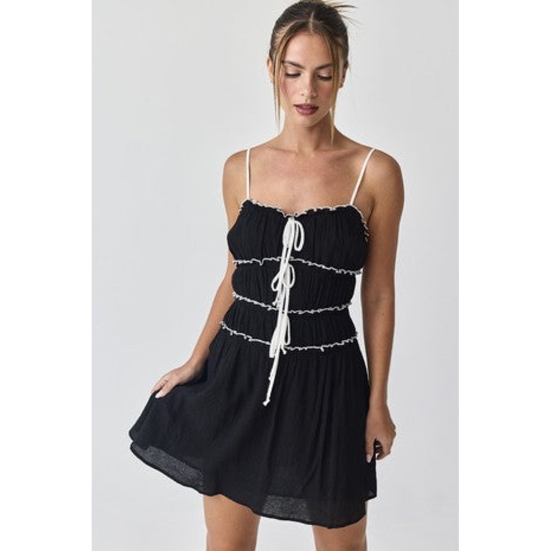 Black Contrast Tie-Front Ruffled Mini Dress