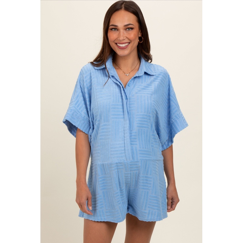 Light Blue Textured Button Front Short Sleeve Maternity Romper