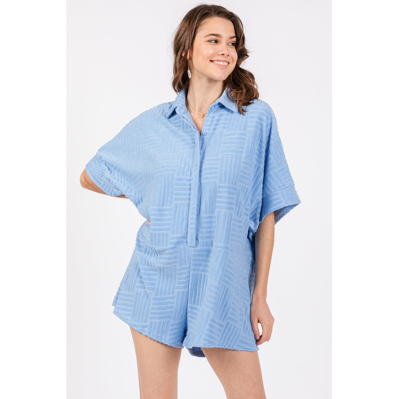 Light Blue Textured Button Front Short Sleeve Romper