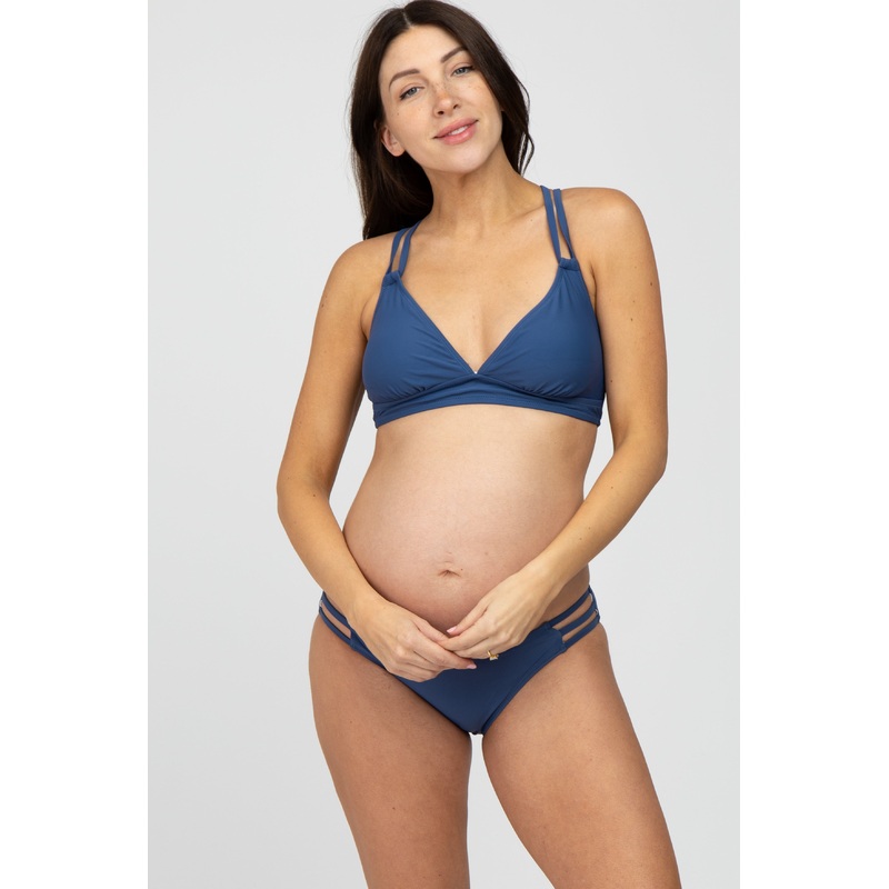 Navy Blue Strappy Cutout Two-Piece Maternity Bikini Set