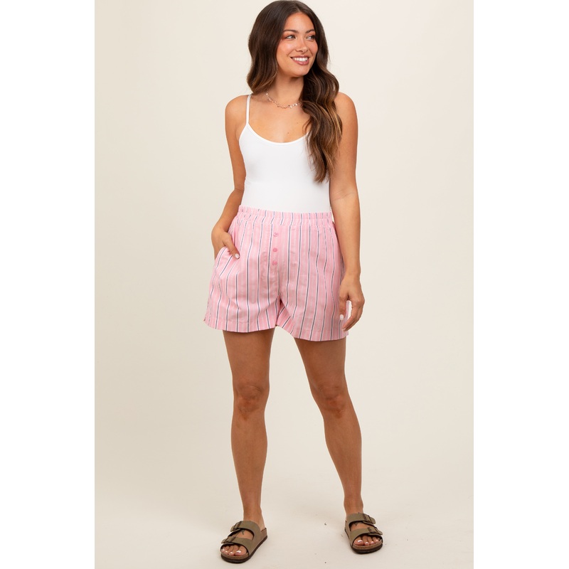 Pink Striped Button Accent Maternity Shorts