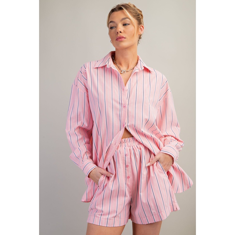 Pink Striped Button Accent Shorts