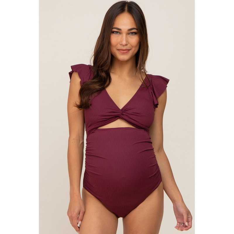 Plum Ribbed Cutout Flutter One Piece Maternity Swimsuit
