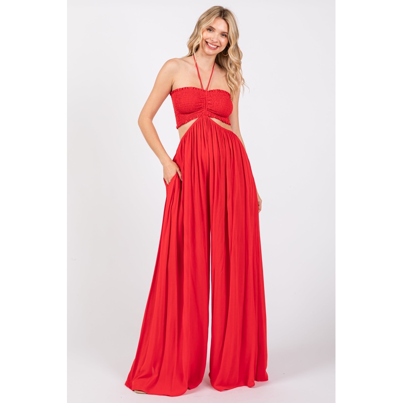 Red Smocked Drawstring Halter Side Cutout Jumpsuit