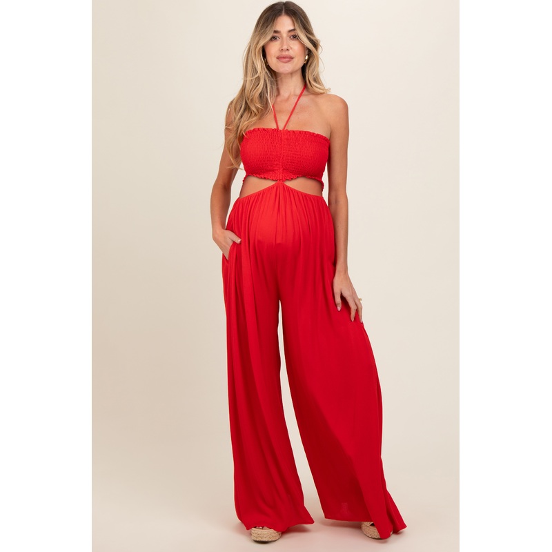 Red Smocked Drawstring Halter Side Cutout Maternity Jumpsuit