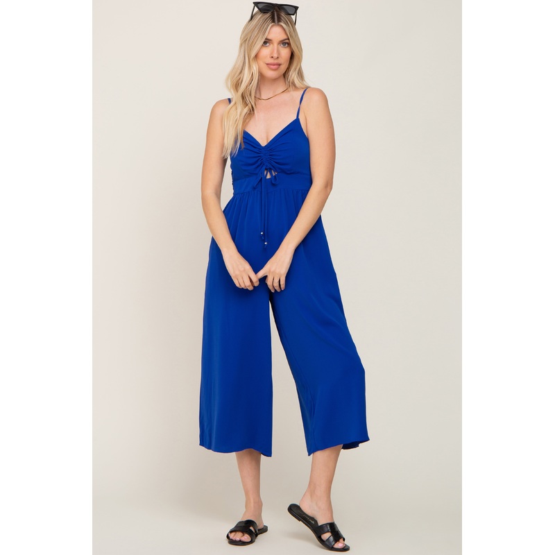 Royal Blue Sleeveless Ruched Drawstring Jumpsuit