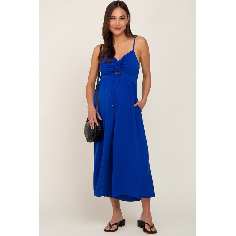 Royal Blue Sleeveless Ruched Drawstring Maternity Jumpsuit