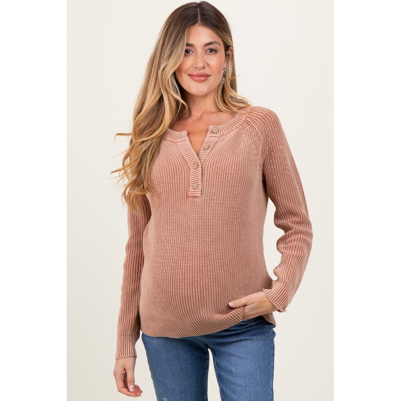 Rust Washed Knit Button Detail Maternity Sweater