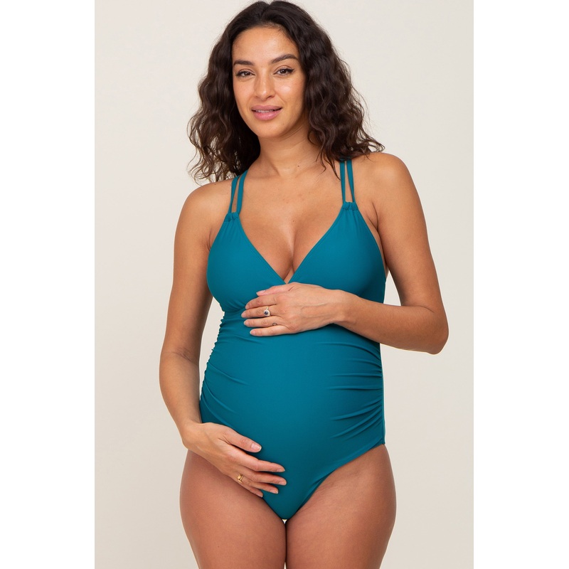Teal Ruched Side Strappy Cross Back Maternity One Piece Swimsuit