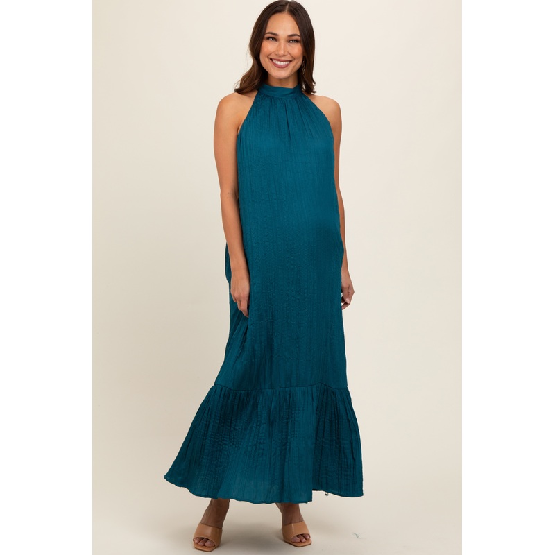 Teal Textured Halter Tie Maternity Maxi Dress