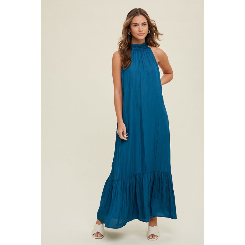 Teal Textured Halter Tie Maxi Dress