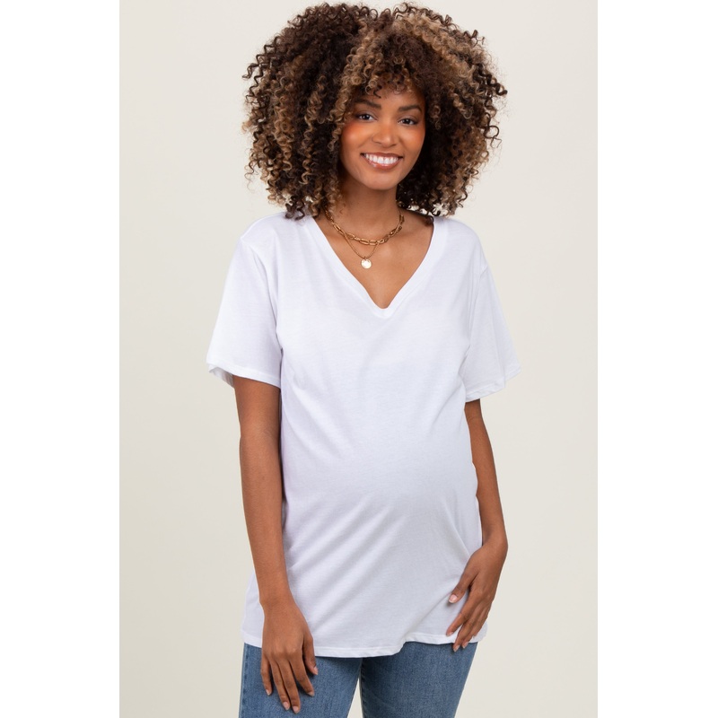 White Oversized V-Neck Short Sleeve Maternity Tee