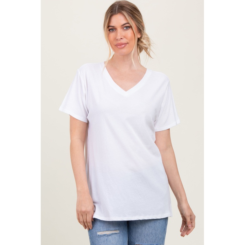 White Oversized V-Neck Short Sleeve Tee