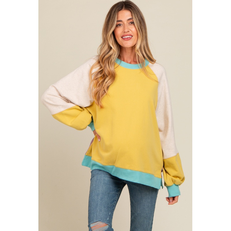 Yellow Colorblock Bubble Sleeve Maternity Pullover