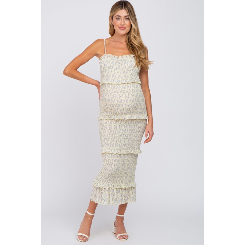 Yellow Floral Print Smocked Maternity Midi Dress