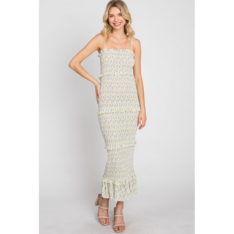 Yellow Floral Print Smocked Midi Dress