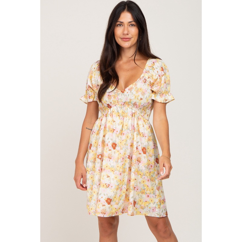Yellow Floral Puff Sleeve Dress