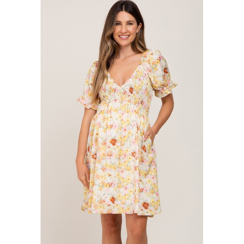 Yellow Floral Puff Sleeve Maternity Dress