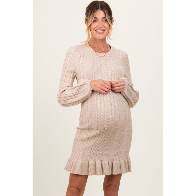 Beige Back Cutout Ruffled Cable Knit Sweater Maternity Dress