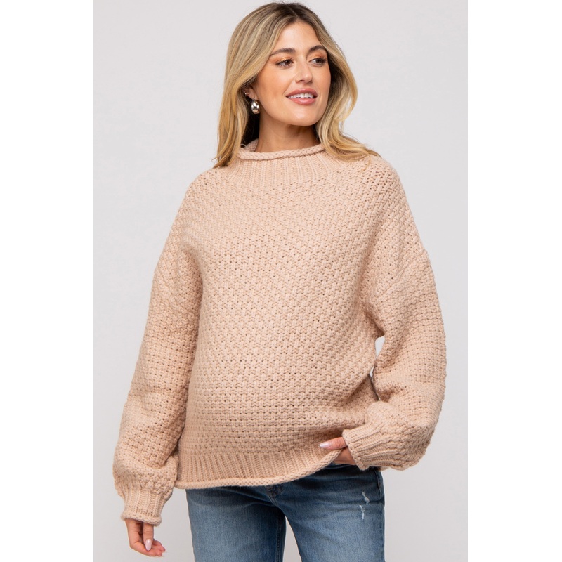 Beige Chunky Knit Mock Neck Maternity Sweater